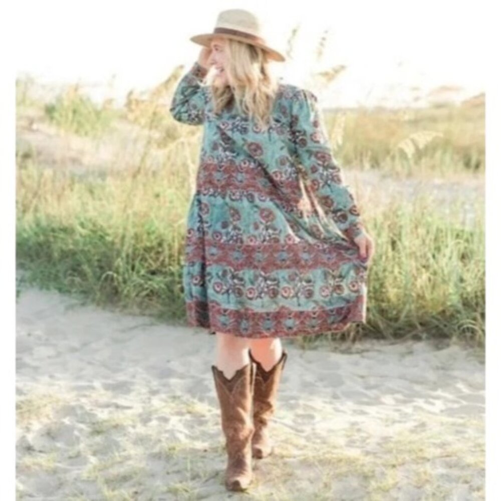 Victoria Dunn PEONY Boho Floral Dress M Smocked High‎ Neck Swing Peasant Hippie